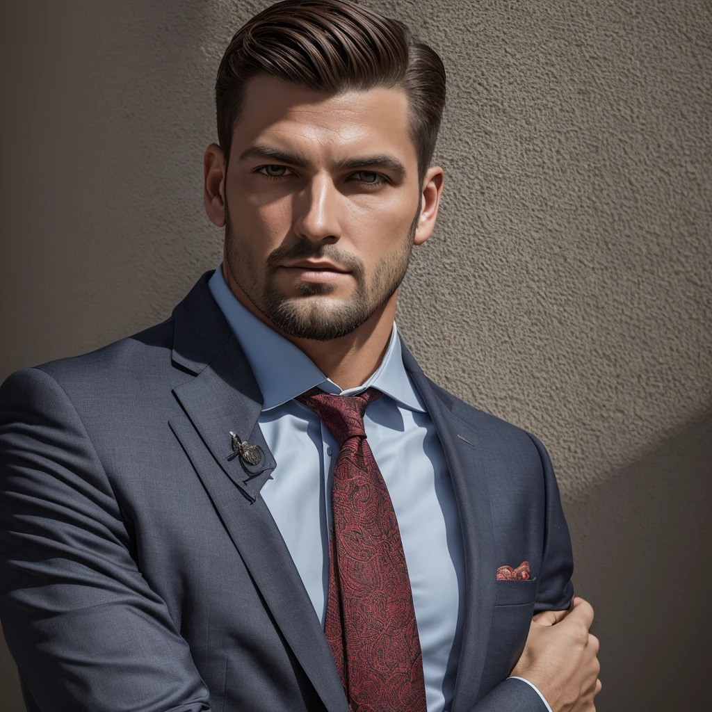 a Man standing with 30 years in suit and tie, body and head straight in the photo, DSRL, facing the viewer of the photo, eyes fixed to the lens, appears shoulders and head in the photo, man centered in the photo, 8k, best quality, masterpiece, realistic, realistic photo, movie photo, ultra realistic, 1 person, detailed,  Perfect lighting, DSRL, professional photo, 4k