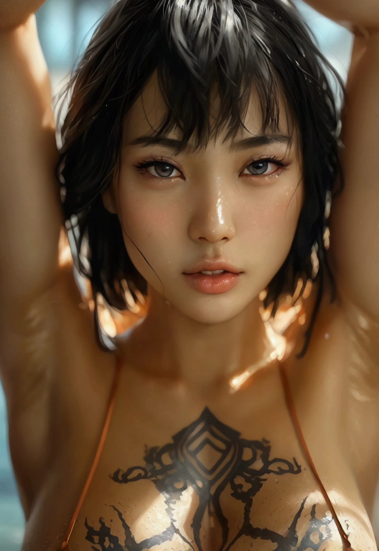 21yo girl, bob Hair. size XXL, Nude , wearing black stocking, (nude, exposed her chest, straddled, show pussy) , sweaty skin, very white skin, glowing skin, natural breast size, show cleavage, show big thigh, plump body, from side shoot, full body shoot, standing , random sexy pose, (very sweaty body), on stage,, arms up, detailed sweet armpits). realistic light reflections, realistic shadows, realistic lighting, realistic skin texture, very detailed skin textured.