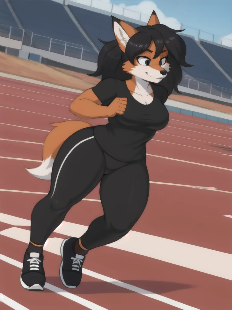 Furry, fox, female, black shirt, black leggings, shoes, running track, solo, full body