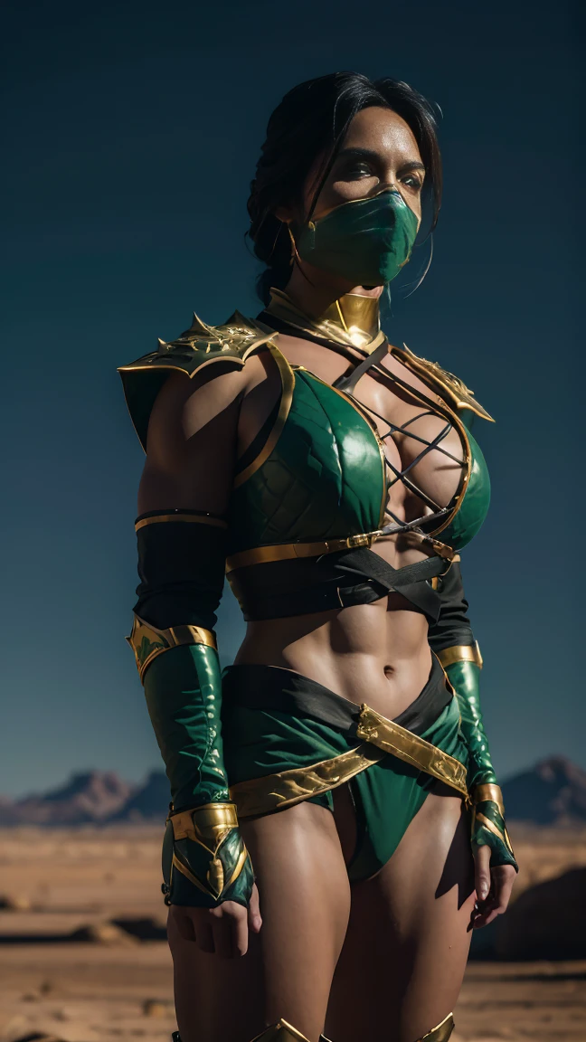 (Highest quality, Ultra HD, 16k, Masterpiece:1.2) A female warrior, Jade from Mortal kombat, embodying a fierce and formidable presence, stands in a desert landscape under a starry sky. The scene is set against a barren, desolate background, with cinematic lighting enhancing the dramatic and intense atmosphere. The warrior, armed and dangerous, dons a striking battle-ready costume with a green and gold color scheme, exuding a sense of raw, untamed power. Her outfit includes a tightly laced bodice that accentuates her muscular physique, with intricate golden trim highlighting the contours. The bodice is designed for both mobility and protection, exposing her powerful abdominal muscles while offering robust support. She wears long, green gloves with gold accents, extending up to her elbows, adding an extra layer of defense and style. Her lower attire consists of high-cut, form-fitting briefs that allow for maximum agility, also adorned with golden edges to match the bodice. Straps crisscross her chest, adding both functionality and an additional layer of intricate design to her ensemble. A pair of sturdy, high boots, similarly green with gold trim, completes her outfit, offering both protection and a firm grip on the rugged terrain. Her face is partially concealed by a sleek, green mask that covers her nose and mouth, adding an air of mystery while protecting her from the harsh desert elements. Her black hair is tied back in a no-nonsense style, keeping it out of her face and emphasizing her determined, focused gaze. As she stands in the arid wasteland, the background is illuminated by the fading light of dusk, with rocky outcrops and distant mountains silhouetted against the sky. The sky above is a mix of deep blues and purples, dotted with stars, casting a serene yet foreboding light over the scene. The overall composition emphasizes the stark contrast between the warrior's dark, armored attire and the bright, expansive desert environment