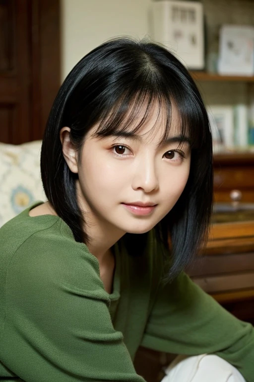 serious, thin woman, black hair, medium hair, asian, artist, (Slightly hollow cheeks), intellectual, faint smiling, mysterious