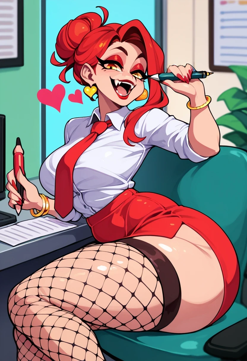 wide hips, big ass, fat ass, big booty, happy, seductive, red eyeshadow, red lipstick, hearts, office lady, pencil skirt, fishnet stockings, vibrant colors, bright color scales, long red hair, hair bun, necktie, jewelry, vibrant colors, cel shading, perfect, drawn by gachigachi, holding pen, golden bracelets, black fishnet stockings, one hand visible, fang, fangs, sharp canines