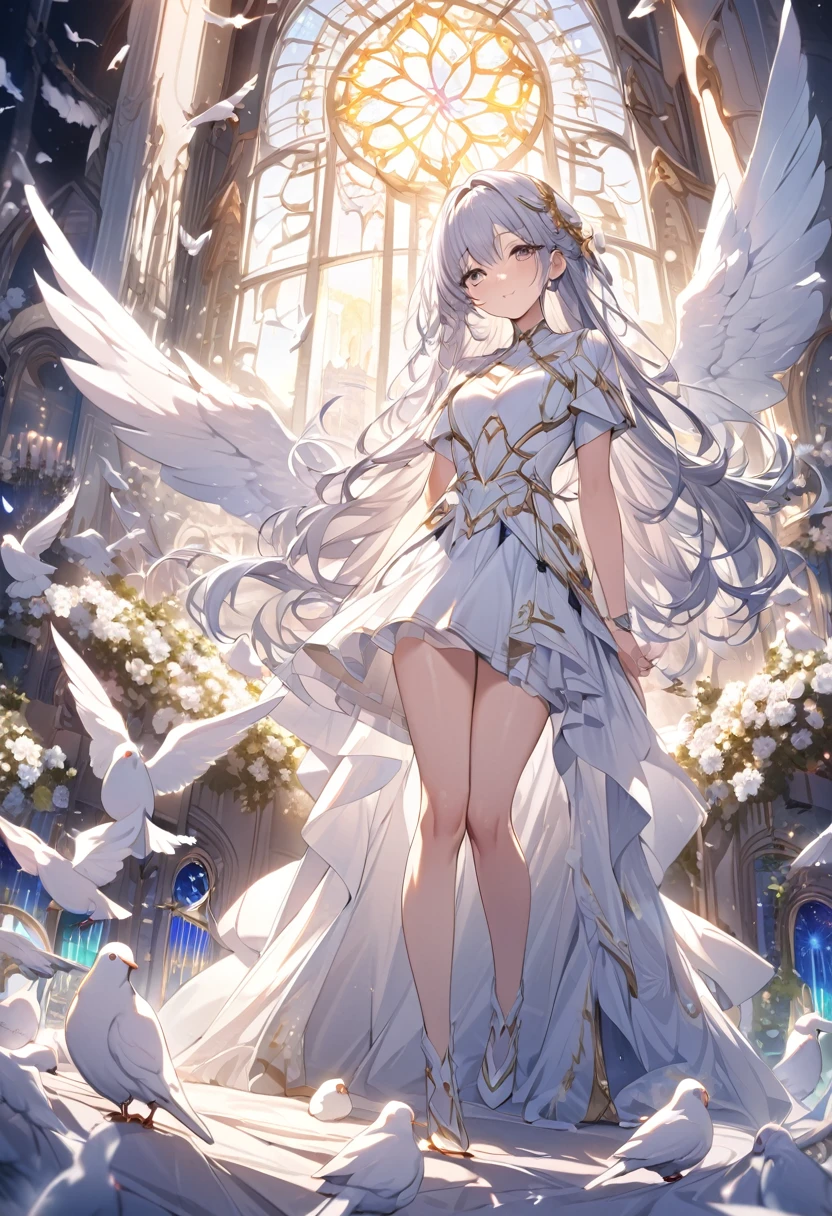 Attention to detail, Super Detail, Ultra-high resolution, An angel having a good time in the sanctuary of dreams, The girl is wearing state-of-the-art technology,The white light that shines on her,Doves around an angel,The background is a sacred area,The sky is a mixture of day and night,Delicate face, Add a fantastical atmosphere 