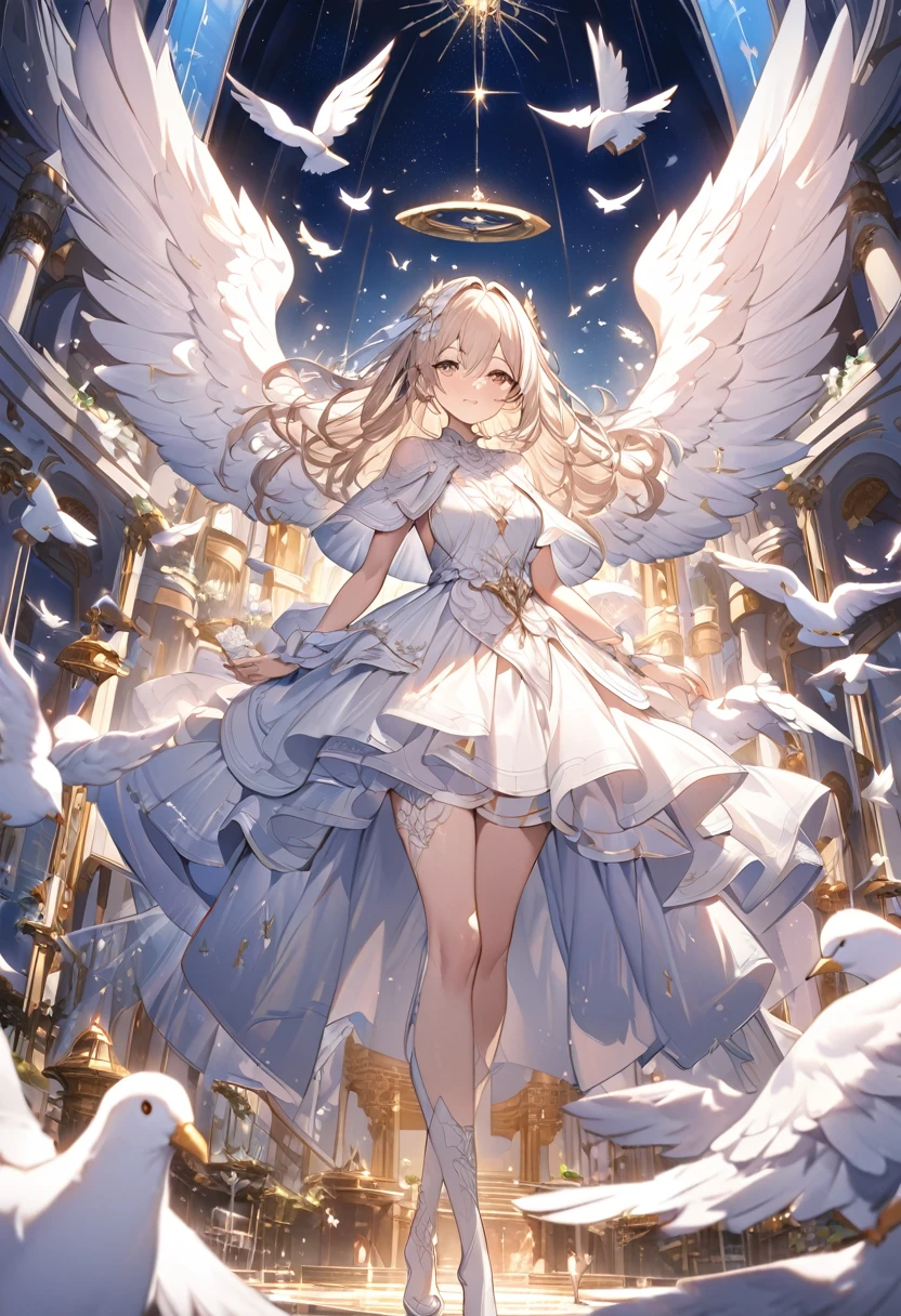 Attention to detail, Super Detail, Ultra-high resolution, An angel having a good time in the sanctuary of dreams, The girl is wearing state-of-the-art technology,The white light that shines on her,Doves around an angel,The background is a sacred area,The sky is a mixture of day and night,Delicate face, Add a fantastical atmosphere 