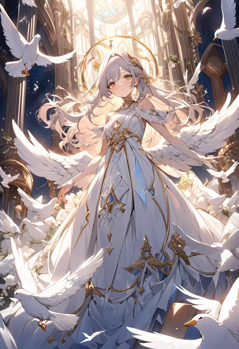 Attention to detail, Super Detail, Ultra-high resolution, An angel having a good time in the sanctuary of dreams, The girl is wearing state-of-the-art technology,The white light that shines on her,Doves around an angel,The background is a sacred area,The sky is a mixture of day and night,Delicate face, Add a fantastical atmosphere
