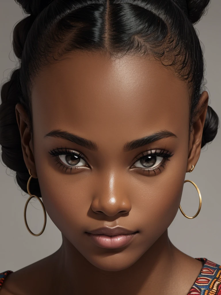 woman, face, close up, african, black, hair bun, solid background