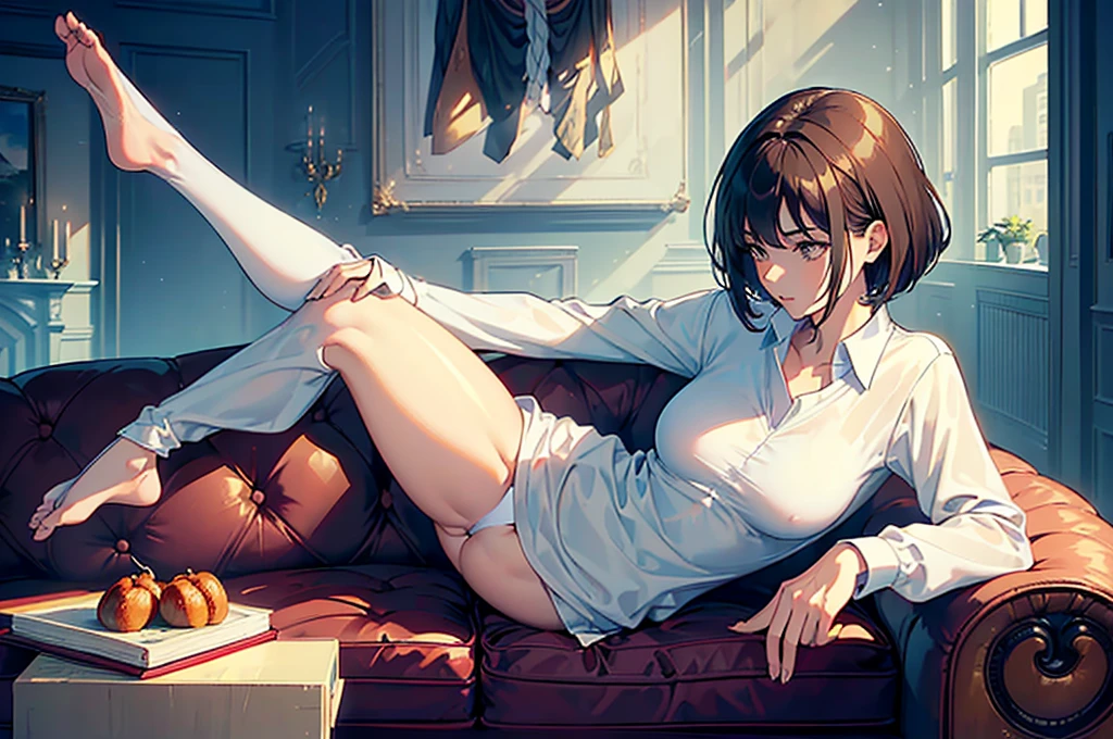 masterpiece,(Perfect Anatomy:1.5), pov , highest quality, (a lady:1.5), slender, leggy, Seductive, short hair, brown hair, (wear a white long sleeved shirt:1.5), white bikini panties , Perfect hands, Perfect body, reclining, lying on a sofa, throw her legs over the sofa, leg up , shirt lift, (barefoot), looking away, ((Exquisite detail)), Very finely crafted fingers(((10 fingers))), (((two legs))), (full body showcase), (Show your whole body), (no background), (No logo) , high resolution, see her private part , telephoto lens, parted lips,