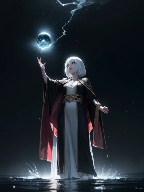 (Highest quality, High resolution, Very detailed:1.2), girl, Floating on water, Magician's costume, Detailed face, Detailed clothing, Looking down, From below,Glowing Eyes, Surreal, Robe, Resurrecting the Dead