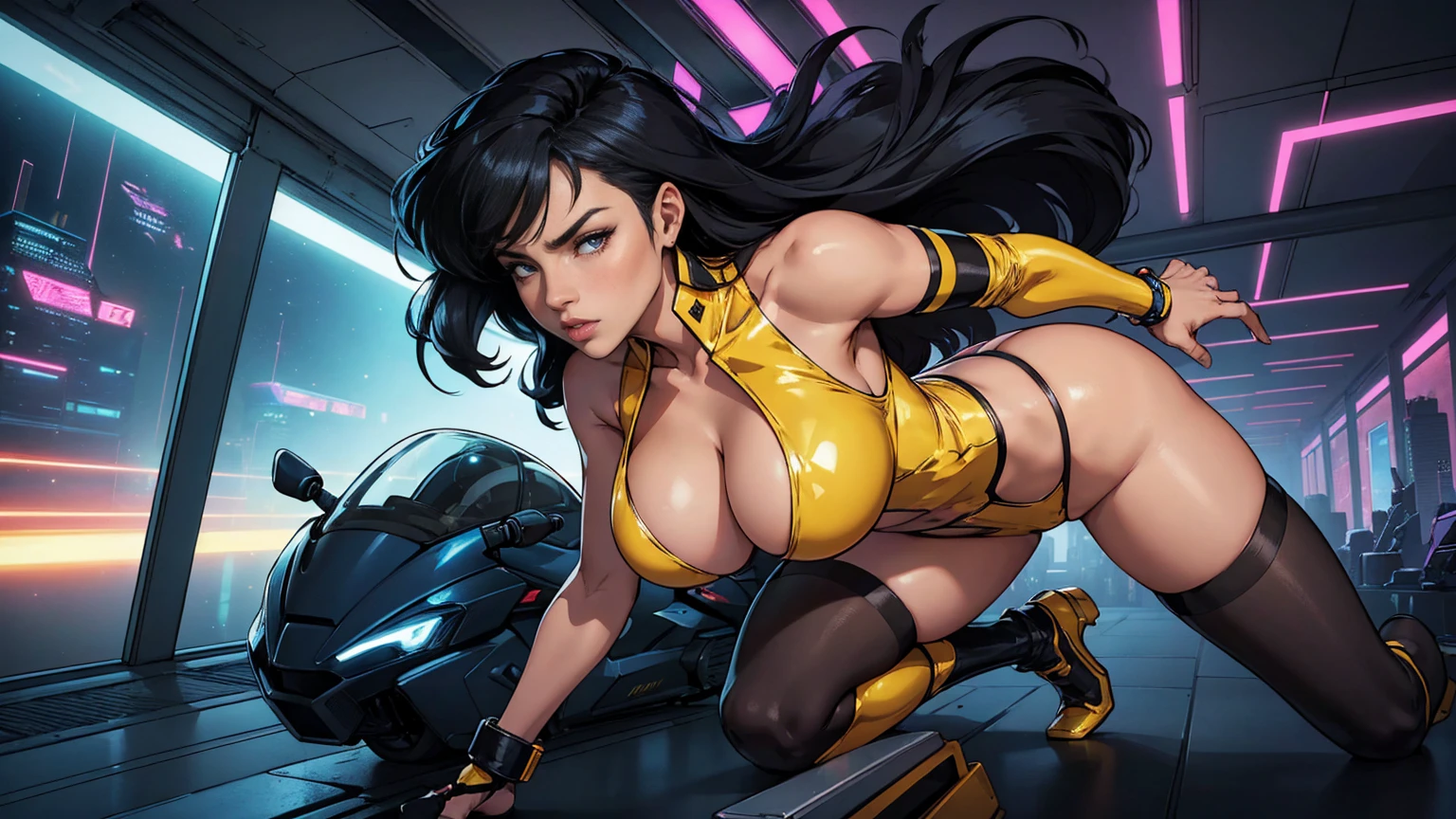 (best quality:1.2,highres,ultra-detailed), detailed face and body of Yuri from The Dirty Pair, stunning Asian beauty, expressive brown eyes, luscious lips, long flowing black hair, (skimpy yellow outfit), (revealing cleavage), confident and sexy pose, (cyberpunk-inspired city background), neon lights illuminating the scene, vibrant colors, (futuristic and edgy atmosphere), stylish and sleek architecture, dynamic angles and composition, (sci-fi and anime fusion), perfect balance between beauty and strength, retro space gun holding, riding a flying motorbike