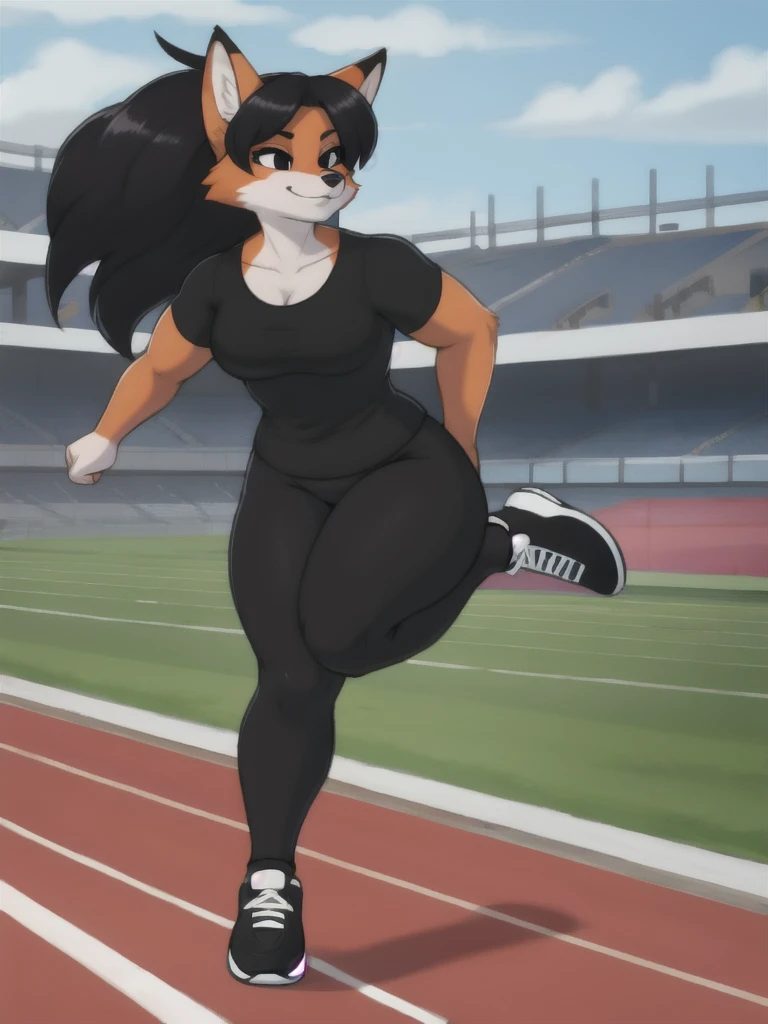 Furry, fox, female, black shirt, black leggings, shoes, running track, solo, full body