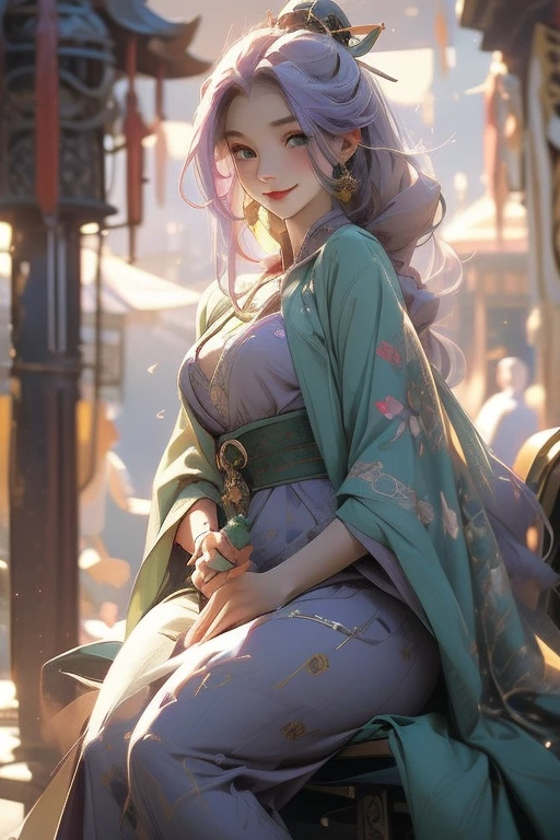 Perfect face. Perfect hands. A light purple haired woman with green eyes with an hourglass figure is sitting on a bench with a big smile at the shrine