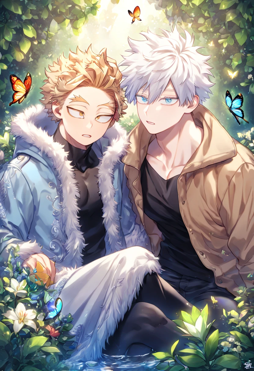 absurdres, highres, ultra detailed, HDR, master piece, best quality, extremely detailed face, delicated features, Hawks, ash-blonde hair, expressive golden brown eyes, Boku No Hero Academia, Gojou Satoru, white hair, expressive blue eyes, white eyelashes, two sexy men sitting together, yaoi, gay couple, handsome, light-blue coat with fur collar, brown jacket with fur collar, black tight shirt with patterns, fantasy, magical, butterflies, summer, green leaves, flowers, water, garden