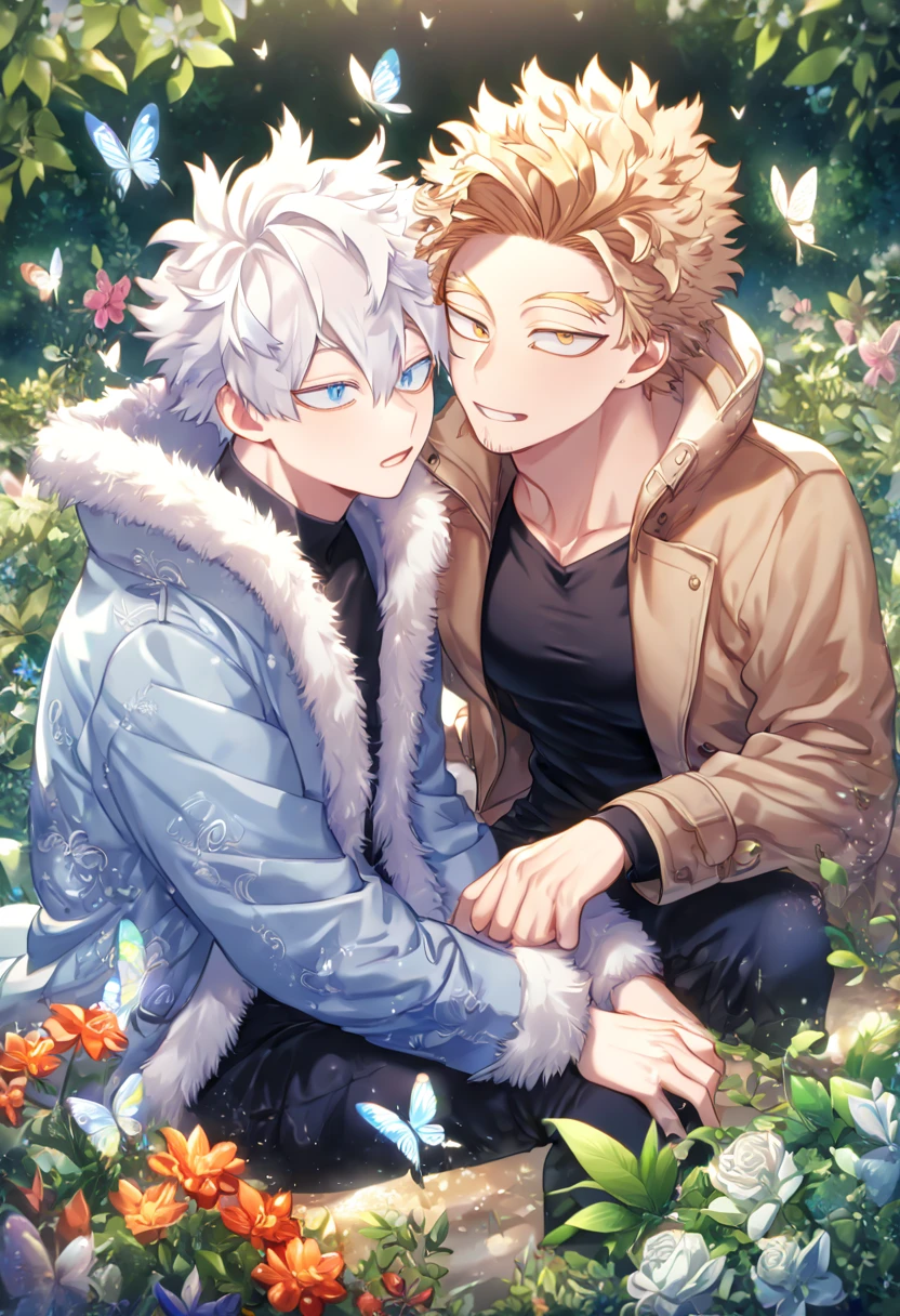 absurdres, highres, ultra detailed, HDR, master piece, best quality, extremely detailed face, delicated features, Hawks, ash-blonde hair, expressive golden brown eyes, Boku No Hero Academia, Gojou Satoru, white hair, expressive blue eyes, white eyelashes, two sexy men sitting together, yaoi, gay couple, handsome, light-blue coat with fur collar, brown jacket with fur collar, black tight shirt with patterns, fantasy, magical, butterflies, summer, green leaves, flowers, water, garden