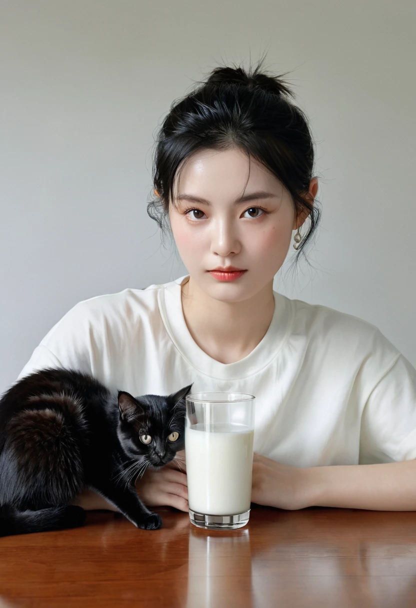 There is a cat sitting next to a glass of milk, cat drinking milk, Illustration of a cat, ultra-Realism插画, ultra-Realism插画, hyper-Realism插画, a cat. Realism, author:Wayne England, Realism插画, hyper Realism插画, portrait, close portrait, Award-winning hyperrealism, by Lisa Milroy, author Galen Dara