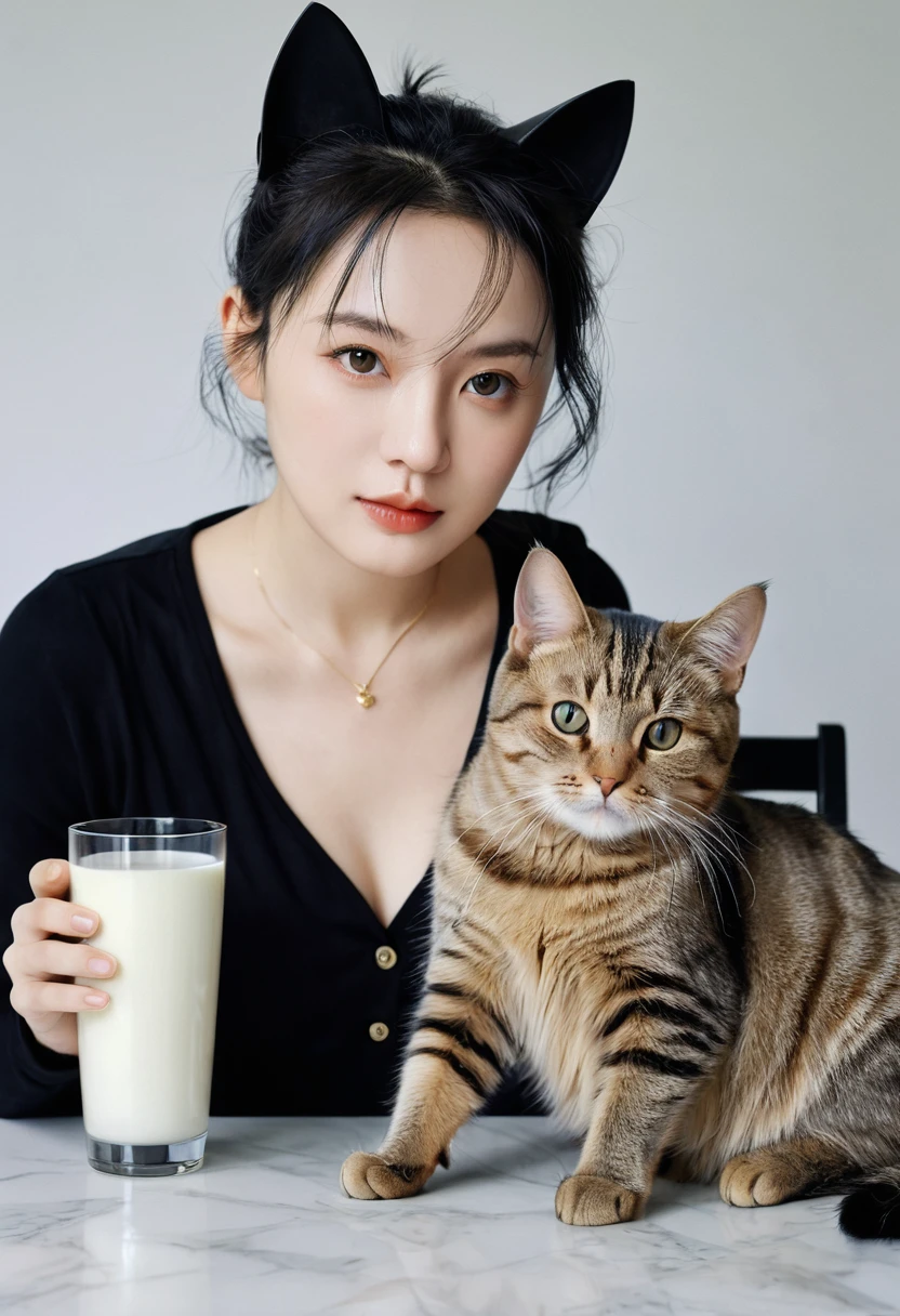 There is a cat sitting next to a glass of milk, cat drinking milk, Illustration of a cat, ultra-Realism插画, ultra-Realism插画, hyper-Realism插画, a cat. Realism, author:Wayne England, Realism插画, hyper Realism插画, portrait, close portrait, Award-winning hyperrealism, by Lisa Milroy, author Galen Dara