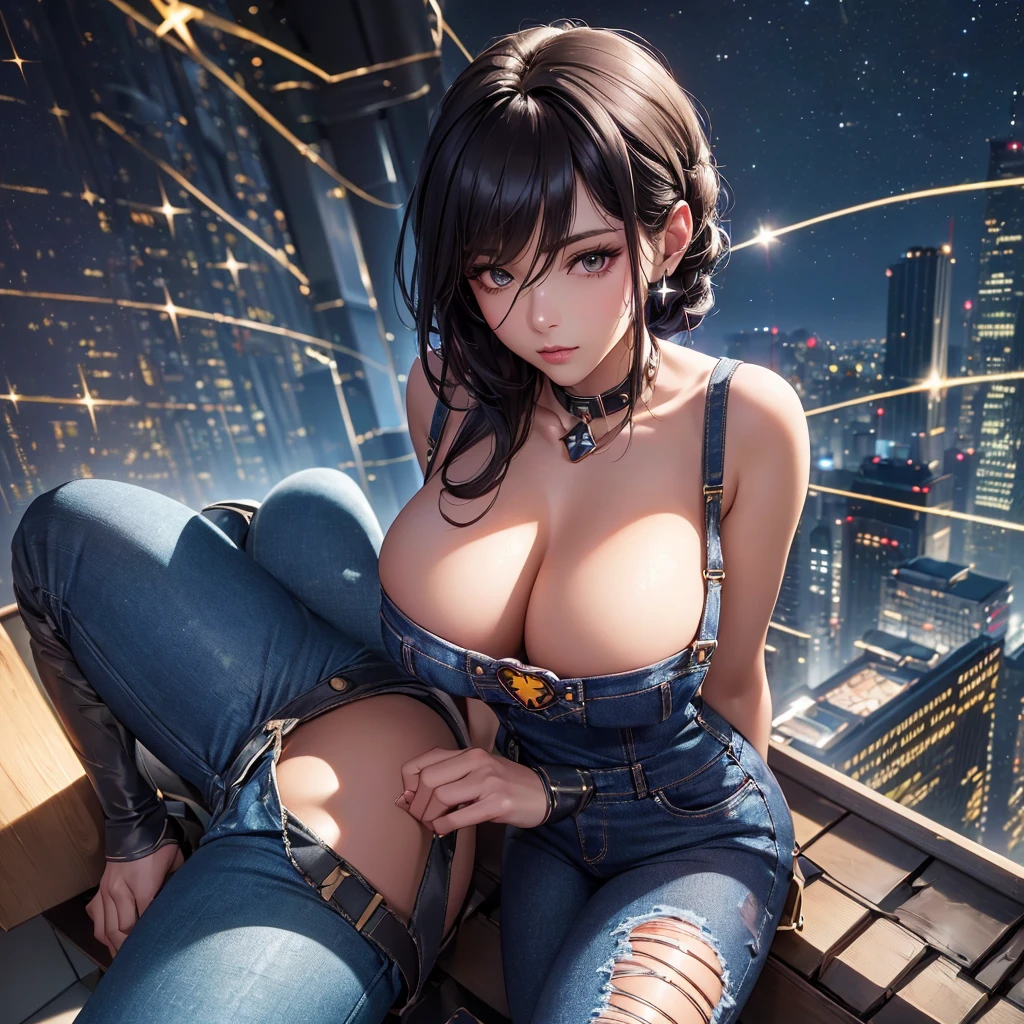 ((Midnight's Embrace, Masterpiece of Excellence, Best Quality, 8K:1.3)), Gracefully posed, showcasing her long legs in their stunning length :1.2, A woman of breathtaking beauty, her slender abs accentuating her perfect figure :1.4, ((Dark chocolate tresses, Enchanting bosom :1.2)), Clad in a white, form-fitting t-shirt that highlights her ample bust, paired with tight, denim overalls :1.2, ((Starlit metropolis, Rooftop haven:1.3)), Her visage meticulously detailed, skin texture so realistic