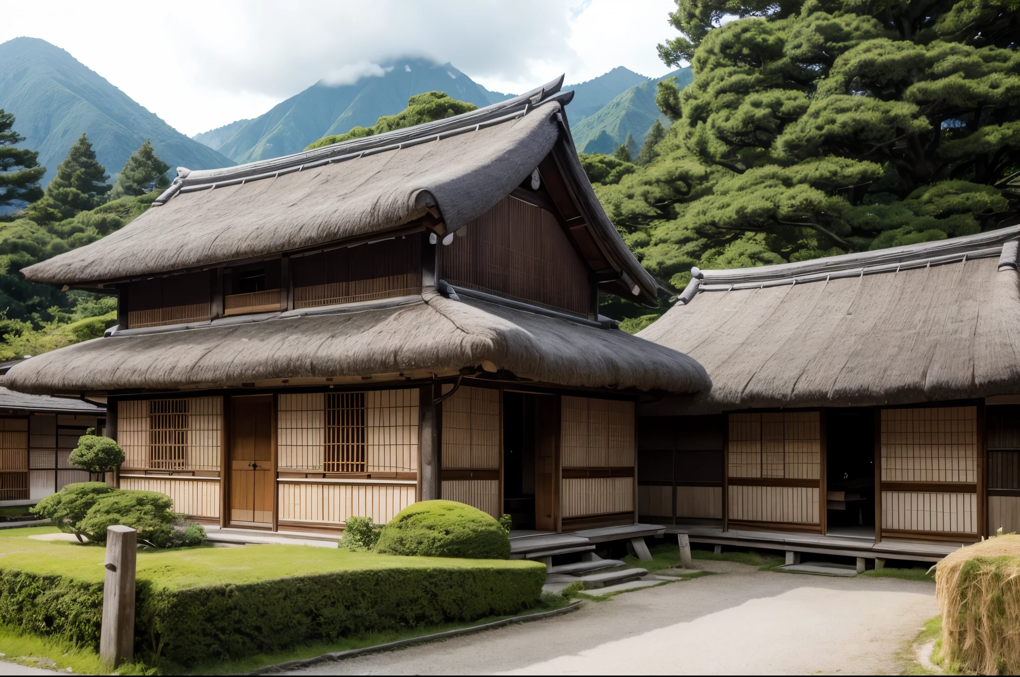 A group of straw-thatched Japanese houses like those in Shirakawa-go　distant writing