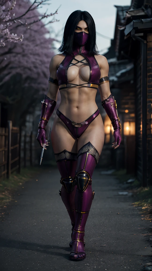 (top quality photo, ultra realistic, 8k, Seductive picture of (Mileena), mortal kombat), (Mileena wearing demonic mask), super gorgeous with angry expression, shiny pink eyes, Purple micro swimsuit showing you , photo taken up close, normal hands, detailed fingers, master part, (8k realistic, photo-realistic: 1.37), realistic detailed, 1 hot, super straight short shoulder length hair: 1.5, blackquality hair: 1.2, eerie glowing red eyes: 1.5, Erotic, semi-, glare eyes, (( Mileena de Deadly Game kombat )), Ninja wearing demonic mask, canons, kimono, don, Micro swimsuit tucked into the Purple Warrior , seminua, ((mortal kombat)), curved body, big ass sticking gun in her , serene gaze, walking, apocalyptic, (Ninja Mask) moonligh, (micro panties stuck in , ), demonic mask, reflection, (photo background: mostra moonligh clara, moonligh, cherry blossom flower), perfect hands, She wears salt guns in her hands, detalhes perfeitos, (((crisscross top))), (((walking))), (((full body view))), ((kicking in the air))