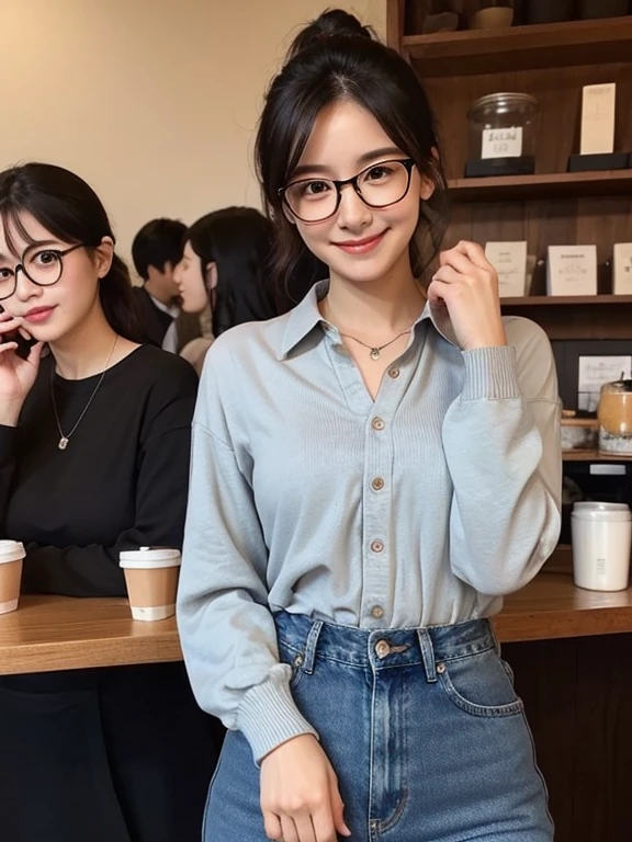 Black Hair, Brown eyes, Delicate makeup, Small breasts, A crowded coffee shop, Glasses、Upper body naked、Wearing jeans、smile、Tie your hair up