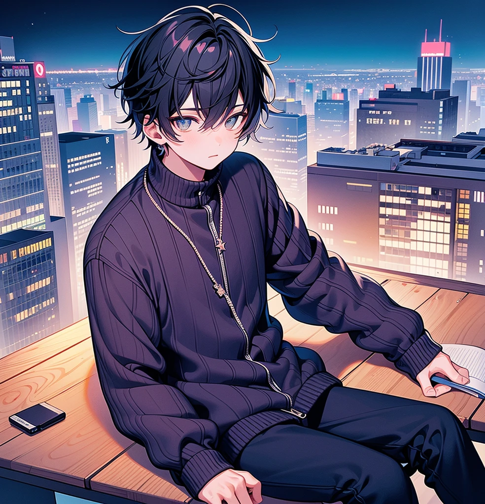 high quality, Draw Amount, Pixiv illustration, Scene with handsome young man looking at night sky from city rooftop. He is under the stars、sitting on the edge of roof, Casual outfit with jacket and denim pants. His expression is contemplative, Looking into the distance. Beside him, I have a small notebook and a pen., And he is time々Write something down. The background depicts the night view of the city., The lights of the distant buildings are twinkling. This scene captures a moment away from the hustle and bustle of the city.., A work depicting a young man lost in thought and daydreaming under the night sky.