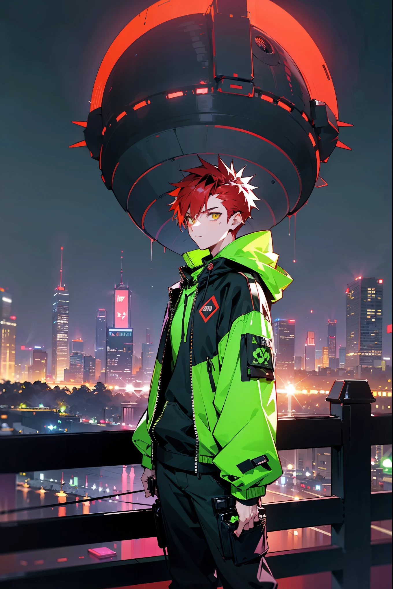 1male, spiky red hair, amber eyes, wearing a black hoodie with neon green patterns, baggy cargo pants, standing on a city path, futuristic skyline with holograms, night with neon lights, holding a cyberpunk helmet, masterpiece, 8k.