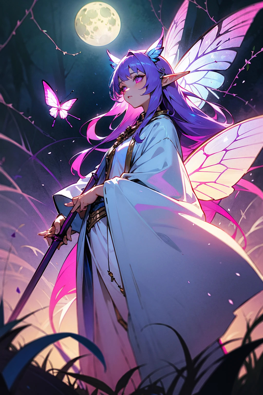 1female, long purple hair, bright pink eyes, wearing a white robe with blue accents, elven ears, standing on a meadow path, glowing butterflies and a shining full moon, holding a staff with vines, masterpiece, 8k.