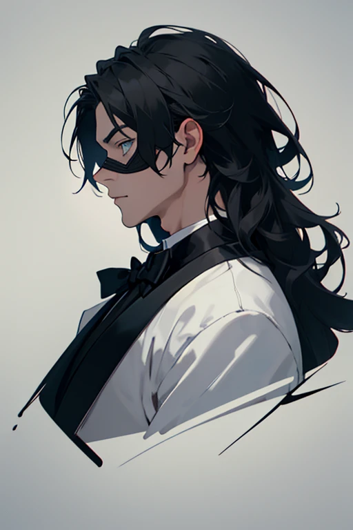 Young man with a light white skin with long black hair, slim build. Dressed in a black tuxedo and with his eyes covered with a black Venetian mask.
(((For profile image)))