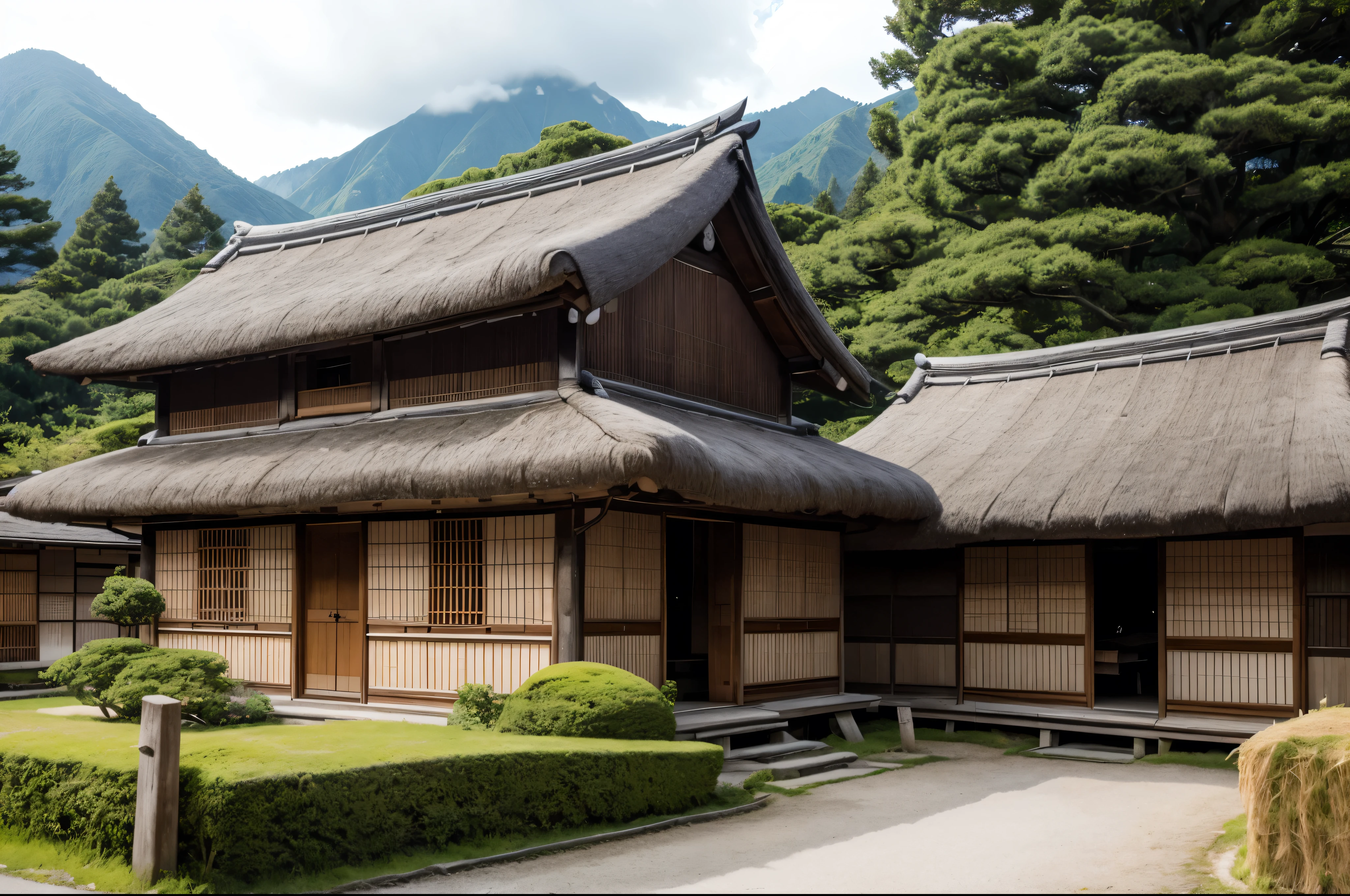 A group of straw-thatched Japanese houses like those in Shirakawa-go　distant writing