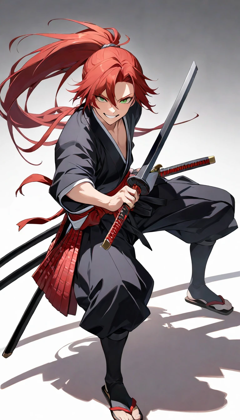 Redhead, Front Ponytail, Wicked Smile, anime, Cast a Shadow, high quality, High resolution, 最high quality, masterpiece, Young Samurai, Ronin, Boy wielding a sword, Juhetang, 