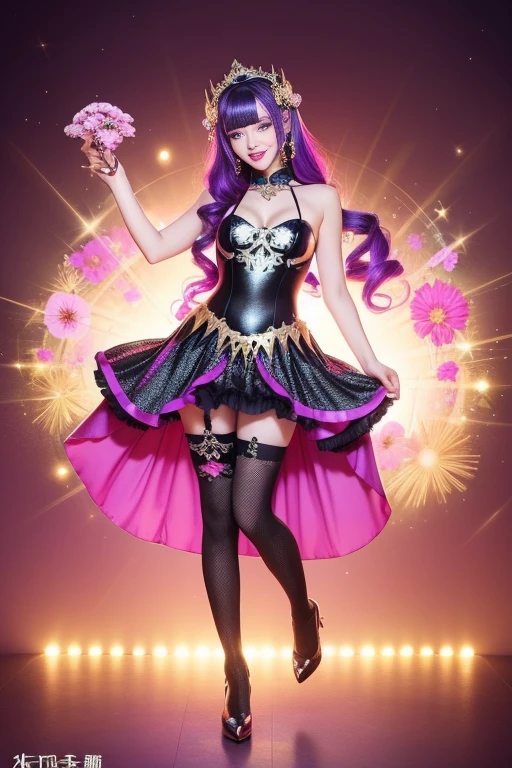 sexy chinese egirl model who controls poison、beautiful smile、lip-gloss、bold lipstick、long lashes, metallic makeup、look at the camera、full body Esbian、、sparkling poisoned flower costume、、、、sparkling Colorful hair、secrete poison、skull hair accessories、sexy tights、shiny sparkling flowers background