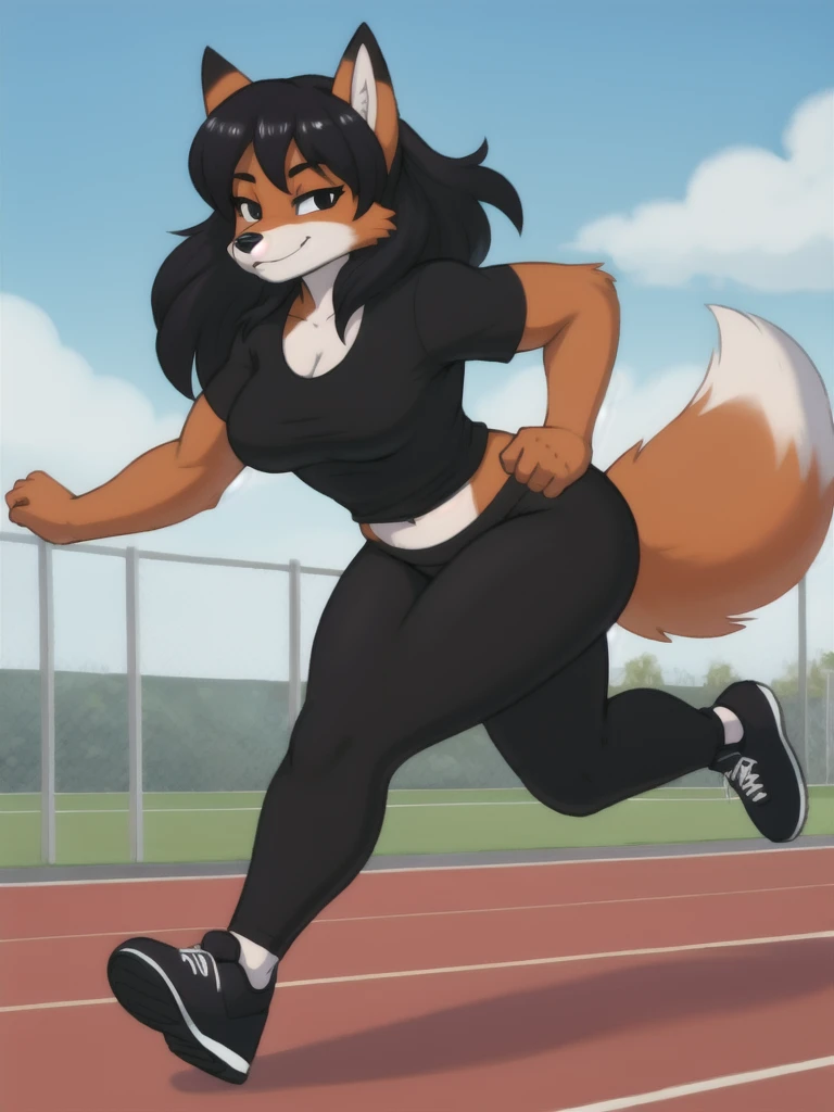 Furry, fox, female, black shirt, black leggings, shoes, running track, solo, full body