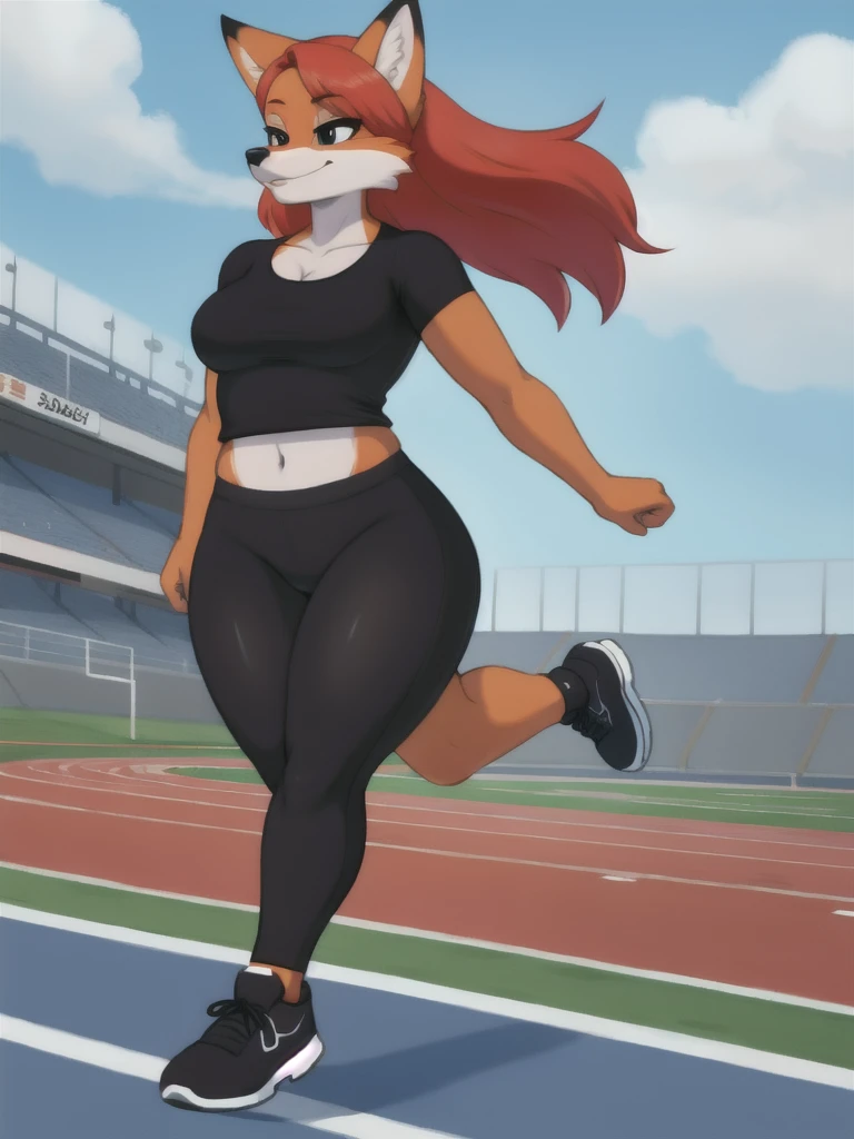 Furry, fox, female, black shirt, black leggings, shoes, running track, solo, full body