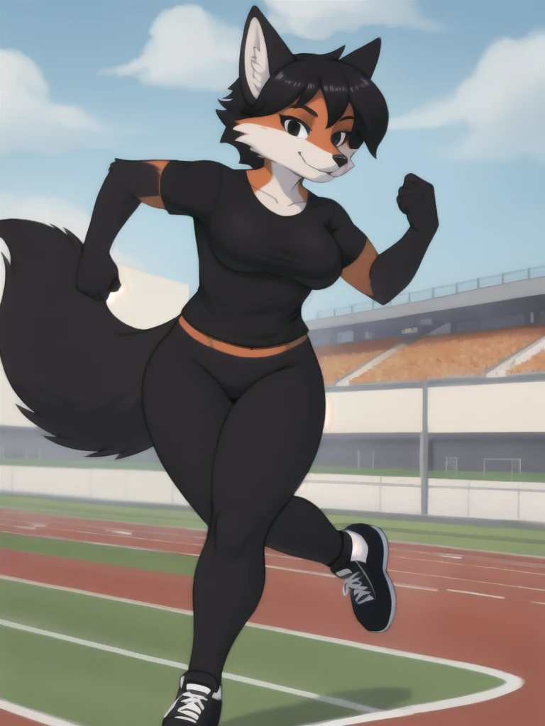 Furry, fox, female, black shirt, black leggings, shoes, running track, solo, full body