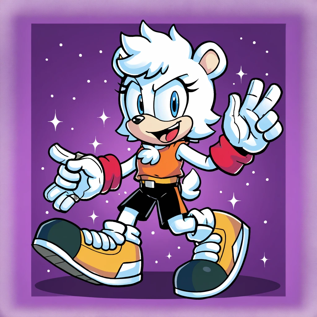 Custom avatar, Augustus the Polar bear character, wearing black shorts, in the cyberspace￼, cgi backround, doing a dyamic pose, someone holding his leg, 