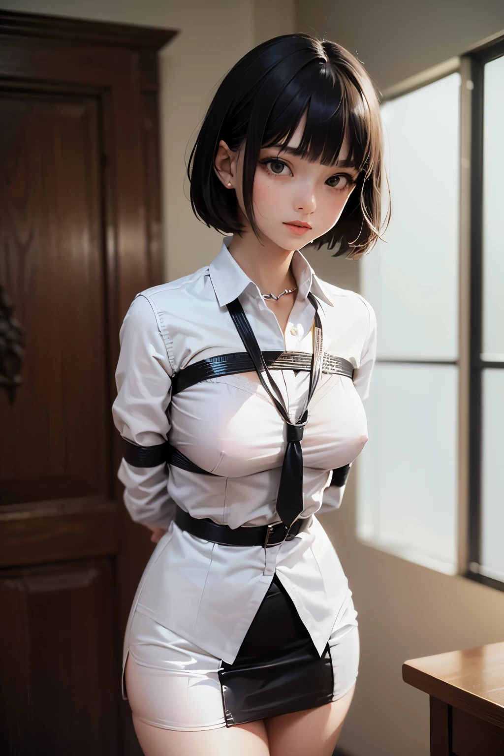 (masterpiece, best quality), 1girl, black hair, short hair, bangs, slim, (wide hips, thick thighs), looking at viewer, bound arms, arms behind back, bondage, ropes, (dress shirt, tie, pencil skirt), (masterpiece), (best quality:1.2), absurdres, intricate details