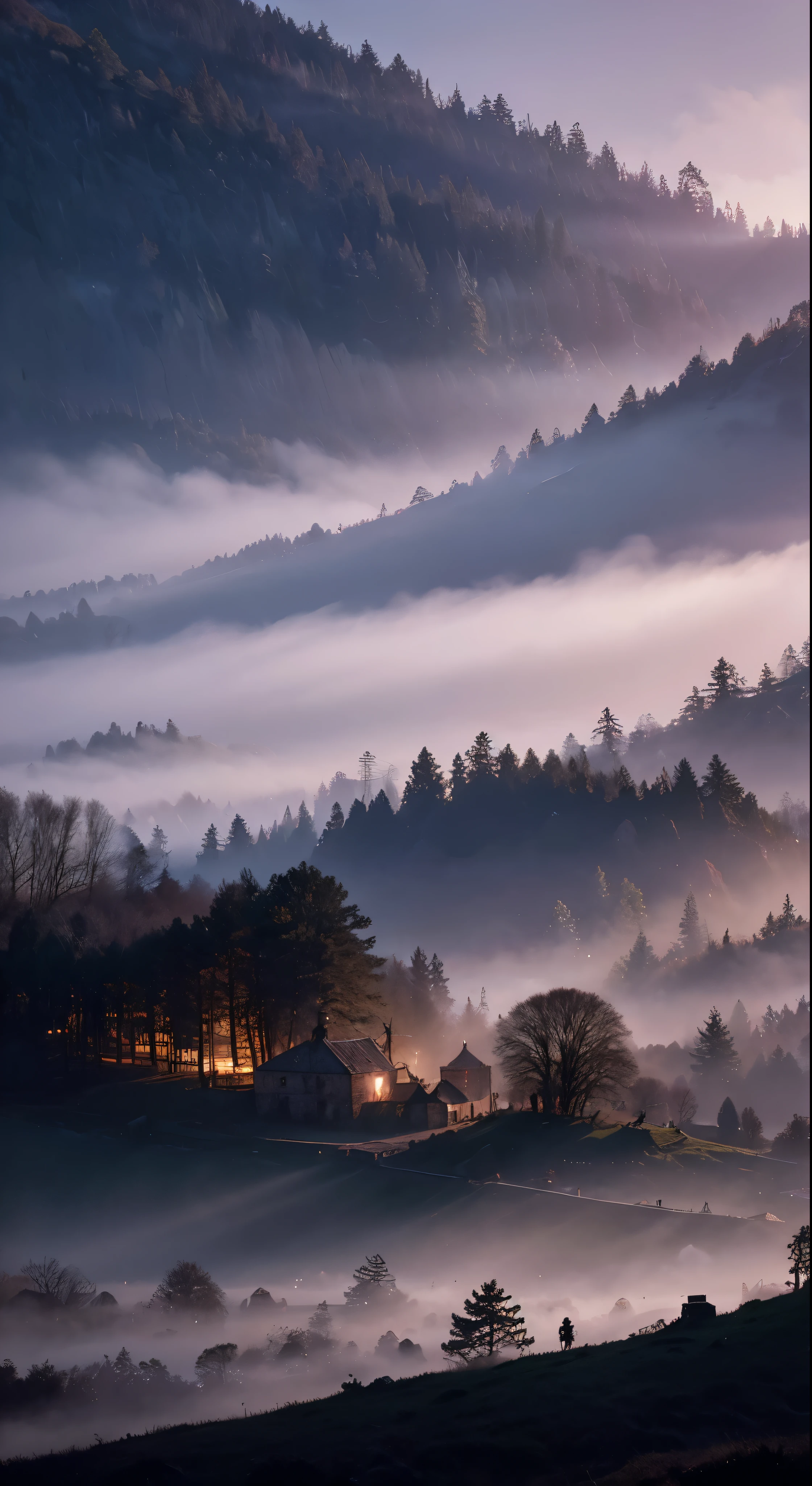 realistic dark oil painting of a medieval village at sunrise, mossy, mist, foggy, shadows, misterious, mithical, dark, rays of light shines trough the woods, ambient, depth of field, volumetric lighting, cinematic lighting, moody, heavy darkness, black sky, low angle perspective, by Eyvind Earle