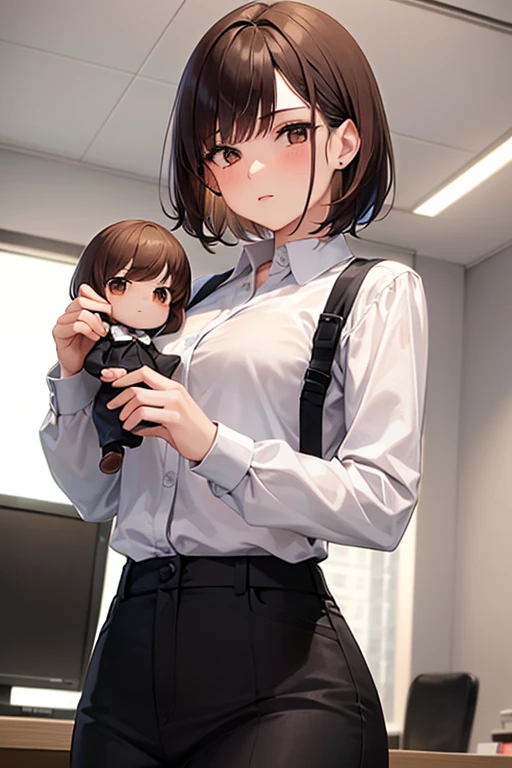 1girl, well-dressed lady, brown bob cut hair, brown eyes, holding a doll version of herself in her hands, in an office