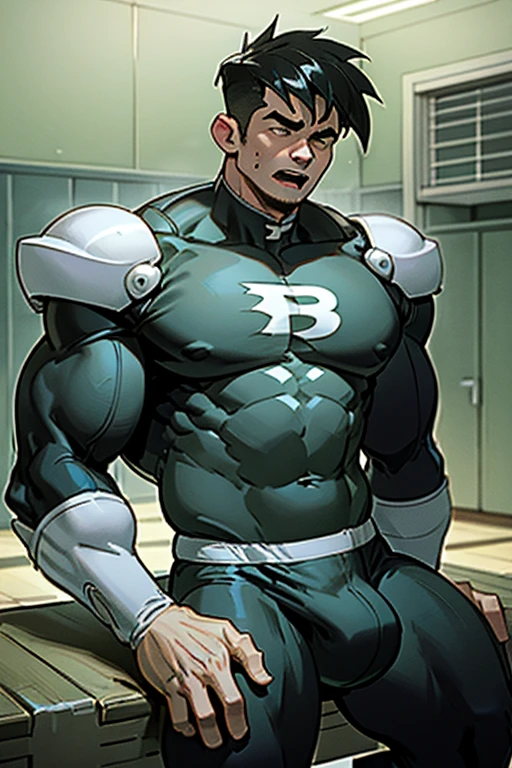 Danny Fenton in a locker room sitting on a wooden bench with brainwashed football jocks sitting on either side of him as he struggles not to be brainwashed as he is assimilated into their team. Turning into stereotypical football jock just like Dash Baxter. Black hair with blonde highlights. hyper muscles. Big biceps. Big triceps. Big traps. big lats. big deltoids. Big meaty pecs. Swollen crotch bulge. Tenting crotch. Open mouth. Sneer. Cocky smirk. IQ drain. Dumber and dumber. big dumb jock. Jock assimilation. Hypnosis. Hypnotic trance. Brainwashing. Brainwashed. Hypnotized. Entranced. Jock assimilation. Jock conversion. Meathead. Musclehead. Brute. Bro. "Feeling ... funny, but.... Focus, Danny! I have to resist. Have to ... break free.... Have to ... have to..... I ... m-must.... I ... must...." Speaking in a dull monotone. "I must grow.... I must join.... I must obey.... Be a bro.... I must flex.... Must work out.... Get pumped.... Pump muscle up.... Pump brains out.... Bigger and bigger.... Dumber and dumber.... Don't think.... Hate smarts.... Just a big ... dumb ... jock.... Must grow big.... Must be dumb.... like Dash.... Dumb jocks rule.... We suck at school.... To every nerd, we must be cruel...." Sneering. Smirking. Cocky. Football uniform. Cleats. Shoulder pads. Jockstrap. Coach smiles approvingly and lays a hand on Danny's shoulder pad.