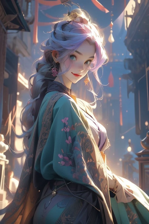 Perfect face. Perfect hands. A light purple haired woman with green eyes with an hourglass figure is walking through the shrine with a big smile