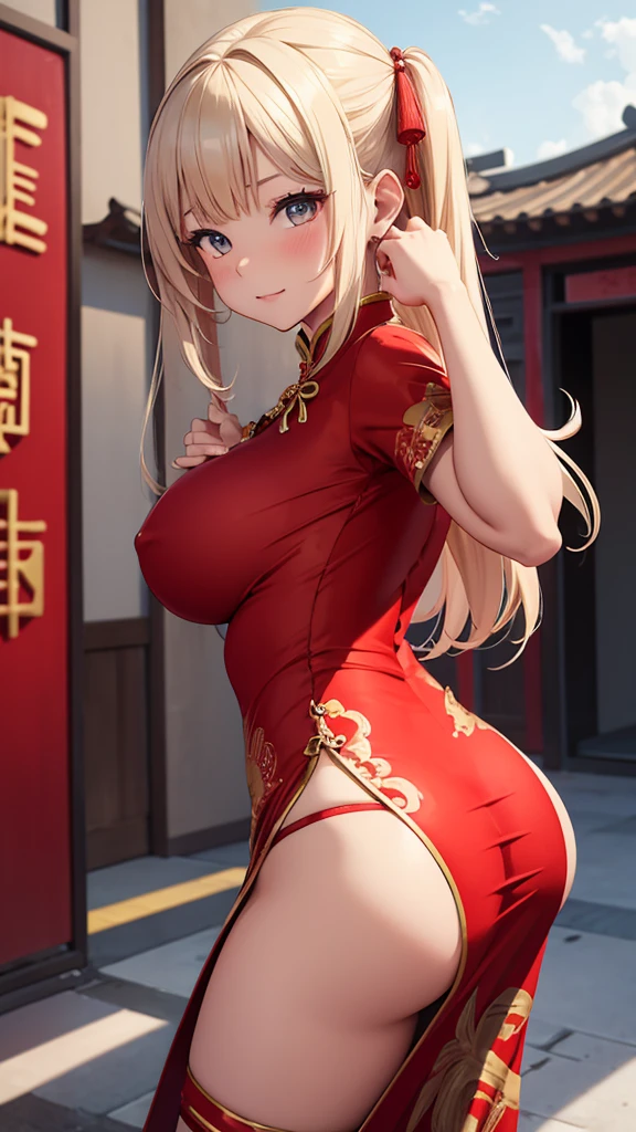 Make a image of girl, dressed in red hot chinese dress,spread ass,medium breasts.