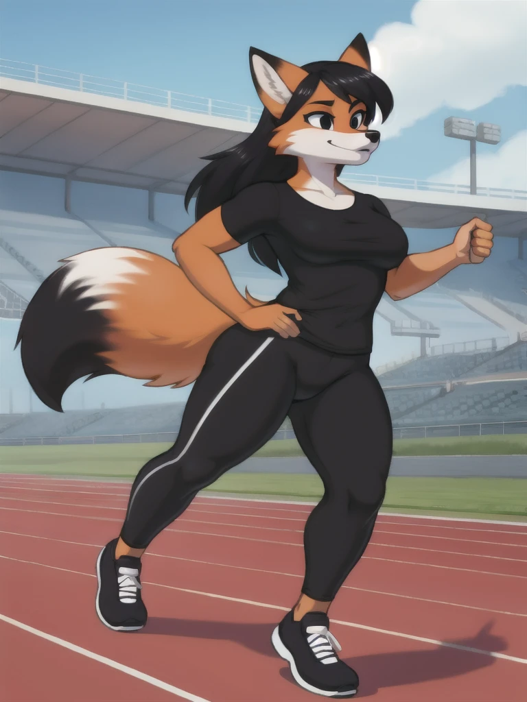 Furry, fox, female, black shirt, black leggings, shoes, running track, solo, full body