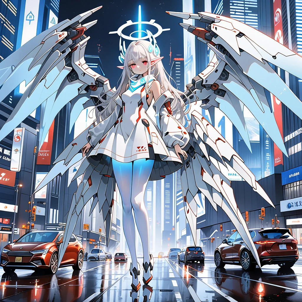 masterpiece, highest quality, highest resolution, clear_image, detailed details, white hair, long hair, 1 girl, car ears, red eyes, futuristic dragon wings (12 wings), futuristic halo, white sci fi mecha dress, white scarf (around the neck withn a light blue glow), white pantyhose, full body, no water marks, city