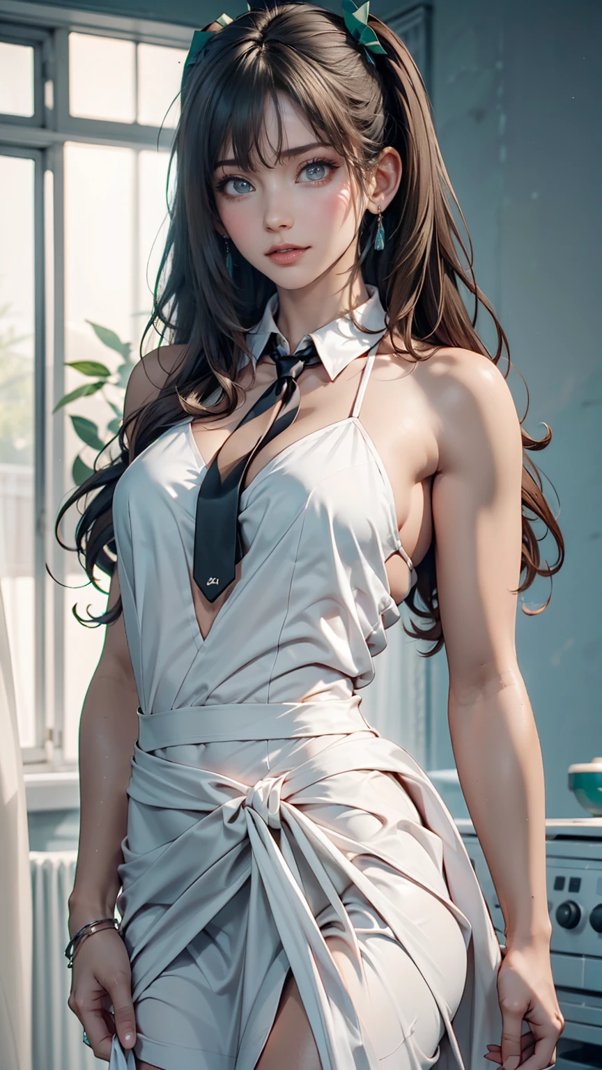 24 year old Caucasian female、Sexy proportions、Sexy、Embroidered lace see-through slit sleeveless high waist A-line long dress