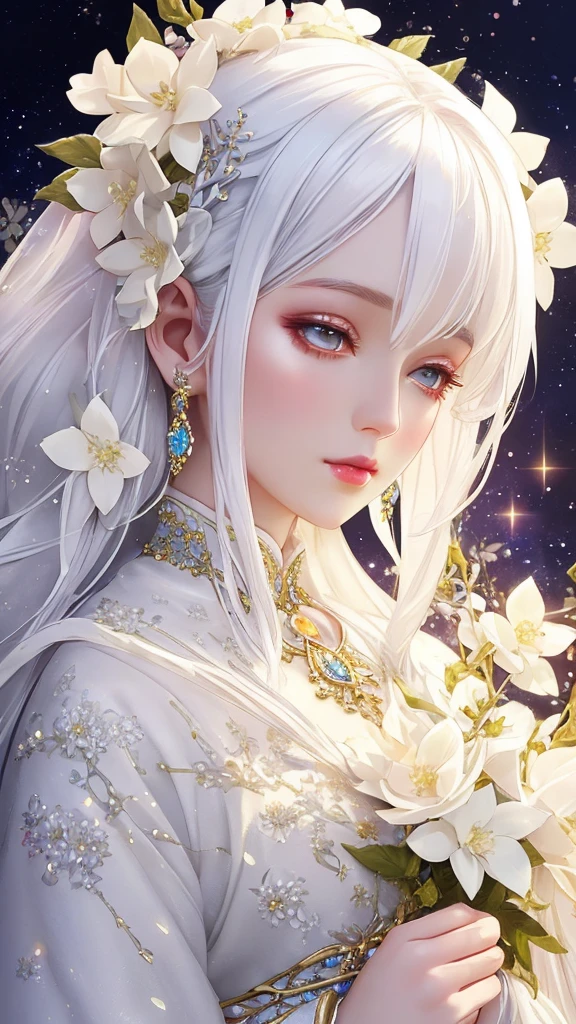 Dazzling colorful lights,Intricate details,whole像、White hair with crystal details,Beautiful woman,There are white flowers in her hair,Pale skin,Light background,Fantasy art style,Kawajiri&#39;s wonderful illustrations,pastel colour,Inspired by anime aesthetics,Mysterious Light,Fantasy Style,clavicle,Exposed shoulders,Floating Feather,Shine in different colors,Anime Style.,Front angle of view、超High resolution,Textured skin,Attention to detail,Highest quality,Highest quality,Look forward、Wearing a kimono and facing the camera、whole bodyの角度はカメラを向いて、Talk with your mouth open and meditate with your eyes closed、Joining hands in prayer, Portraits, whole, smile, Speaking with a wide open mouth, Bringing images to humans、One girl, High resolution, Closed eyes, close your eyes、歯を出してsmile、手を合わせclose your eyes瞑想、Body facing the front camera、Healing、whole body、Prayer Pose、Close your eyes、Look at me