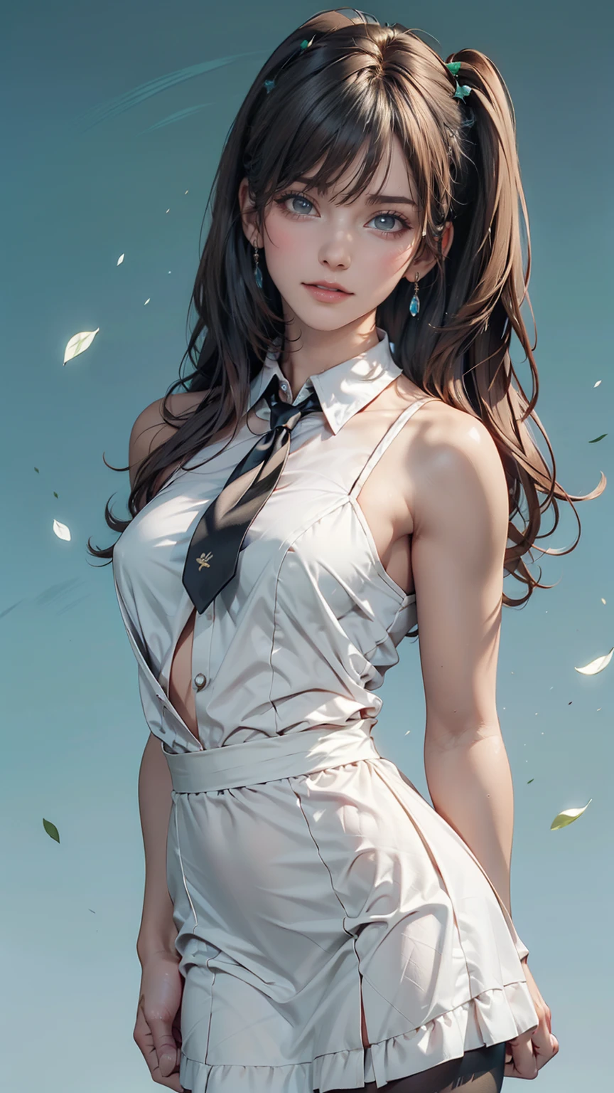 Innocence, Dark green hair, Twin tails, Put your arms behind your back, White Dress, Black waist tie, girl,blue eyes,Sexy proportions、Top view、Pop pastel color background