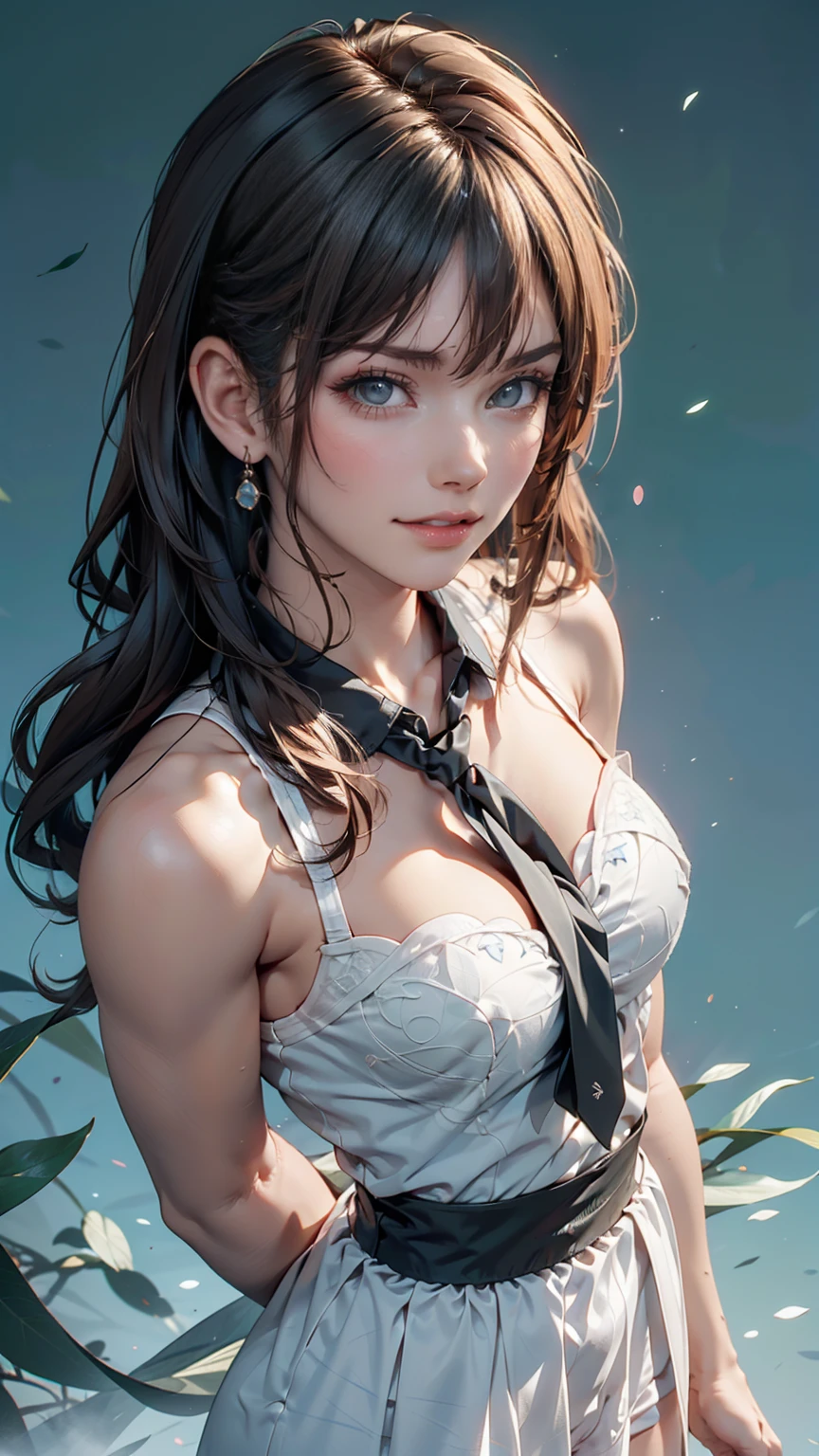 Innocence, Dark green hair, Twin tails, Put your arms behind your back, White Dress, Black waist tie, girl,blue eyes,Sexy proportions、Top view、Pop pastel color background