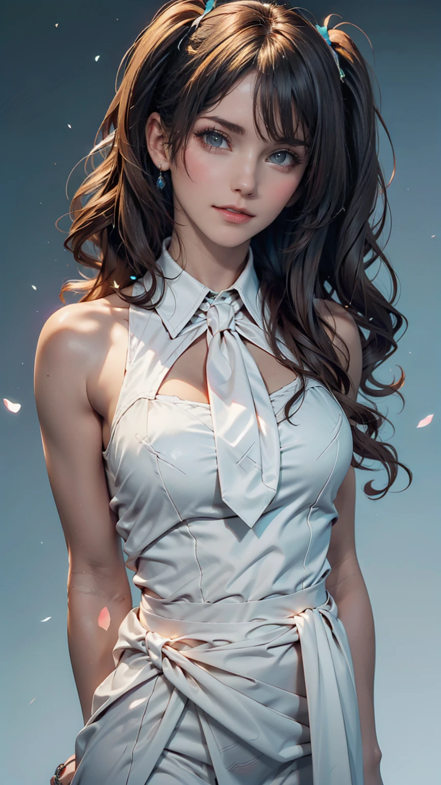 Innocence, Dark green hair, Twin tails, Put your arms behind your back, White Dress, Black waist tie, girl,blue eyes,Sexy proportions、Top view、Pop pastel color background