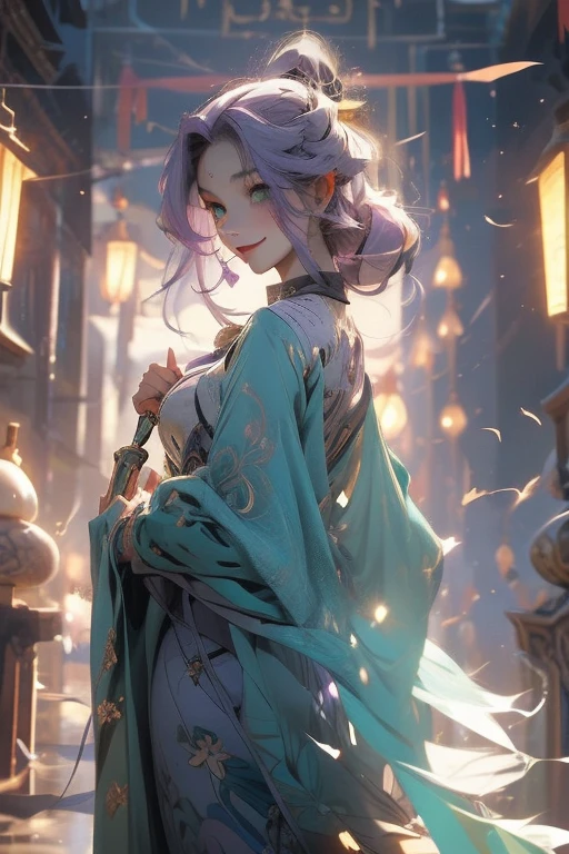 Perfect face. Perfect hands. A light purple haired woman with green eyes with an hourglass figure is walking through the shrine with a big smile