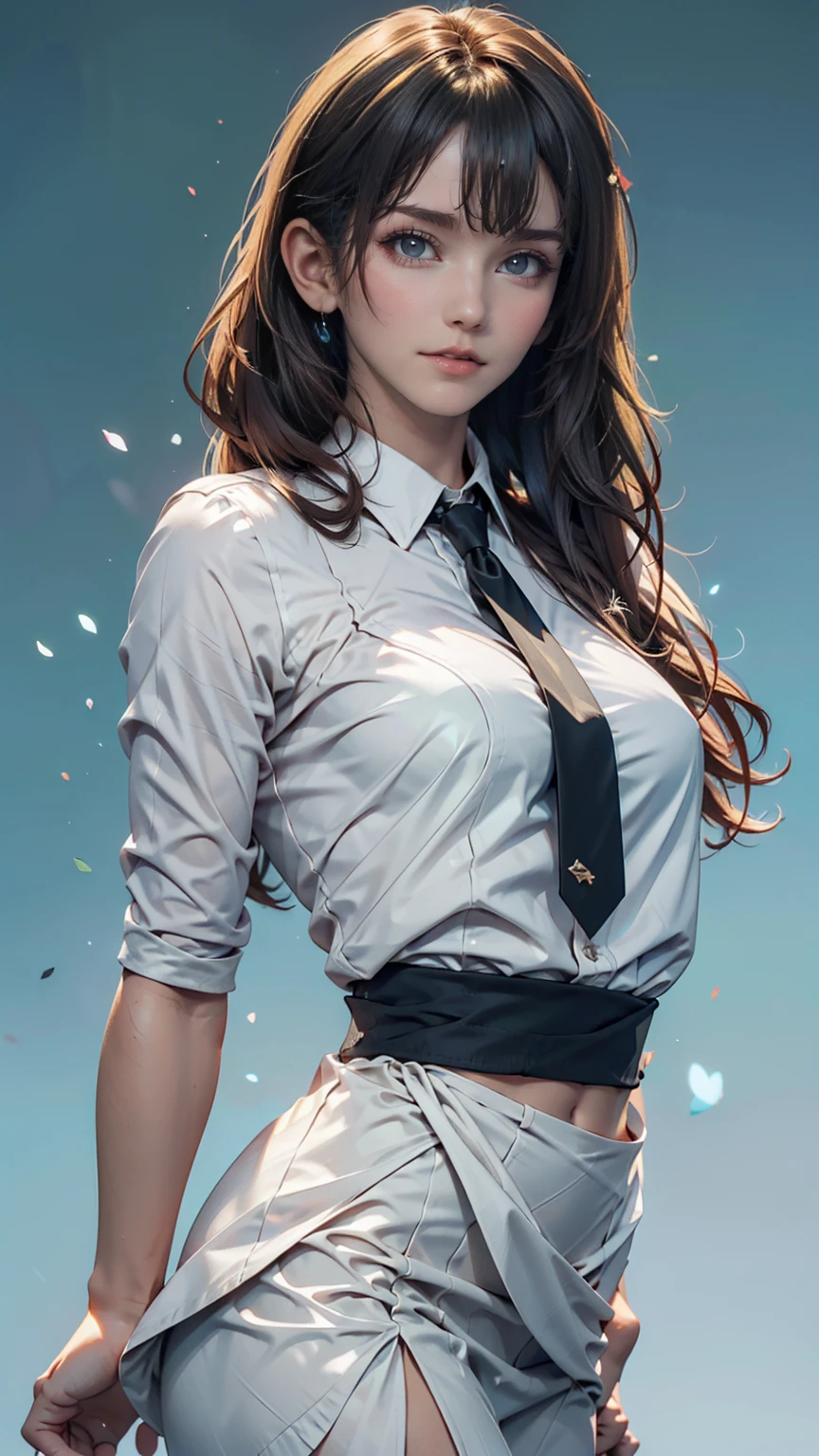 Innocence, Dark green hair, Twin tails, Put your arms behind your back, White Dress, Black waist tie, girl,blue eyes,Sexy proportions、Top view、Pop pastel color background