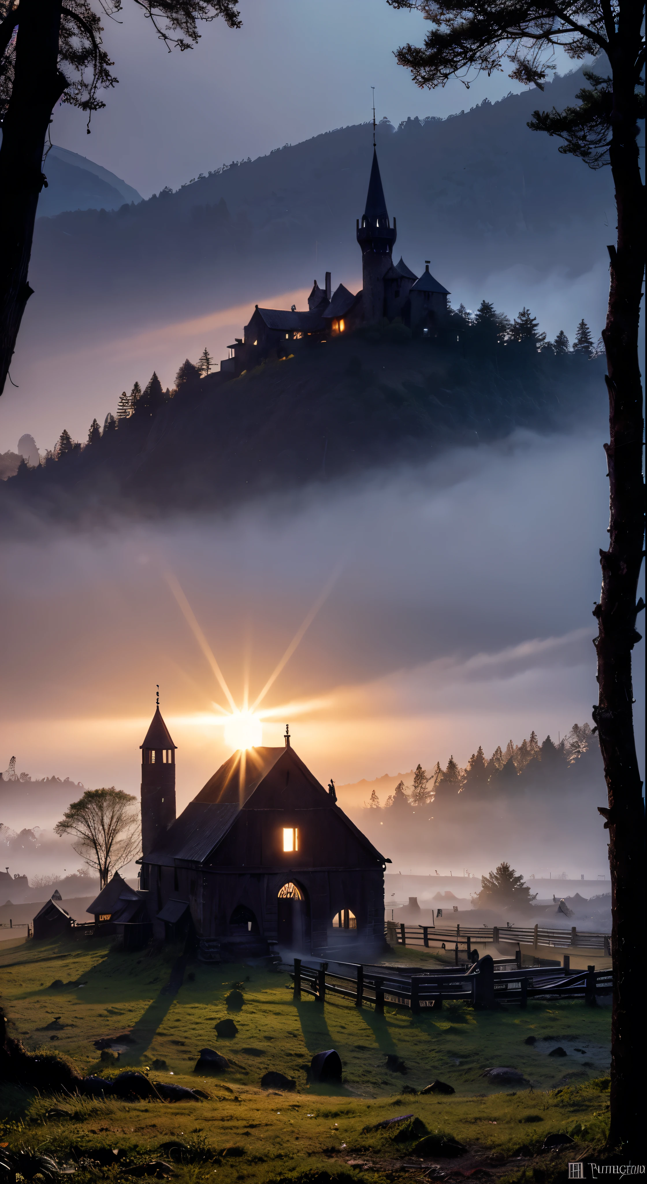 realistic dark oil painting of a medieval village at sunrise, mossy, mist, foggy, shadows, misterious, mithical, dark, rays of light shines trough the woods, ambient, depth of field, volumetric lighting, cinematic lighting, moody, heavy darkness, black sky, low angle perspective, by Eyvind Earle